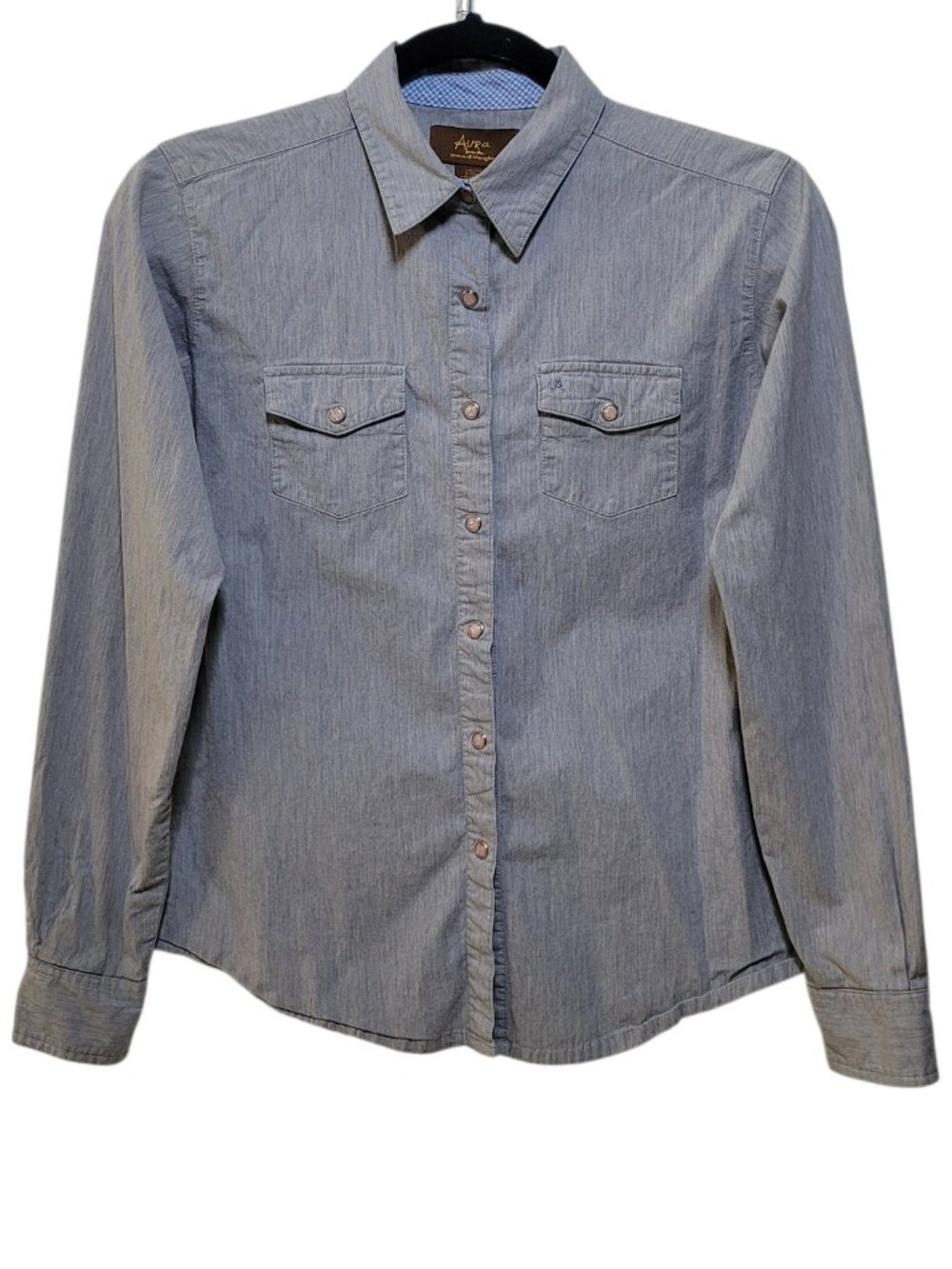 Aura Womens Grey Chambray Denim Pearl Snap Up Western Utility Shirt Flap Pockets